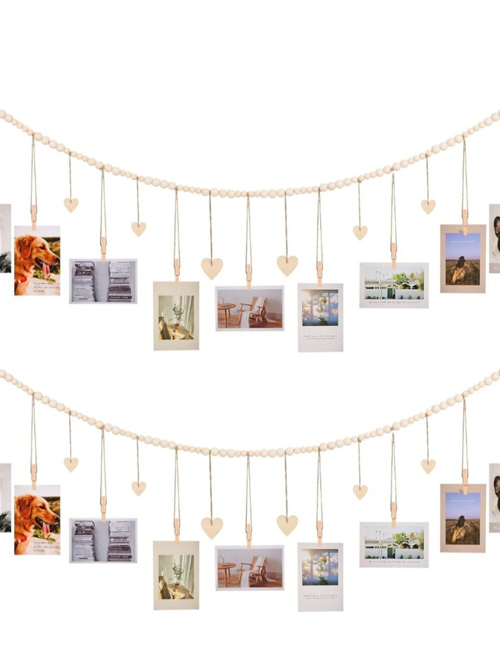 Hanging Photo Display with Clips, Wood Bead String Photo Banner